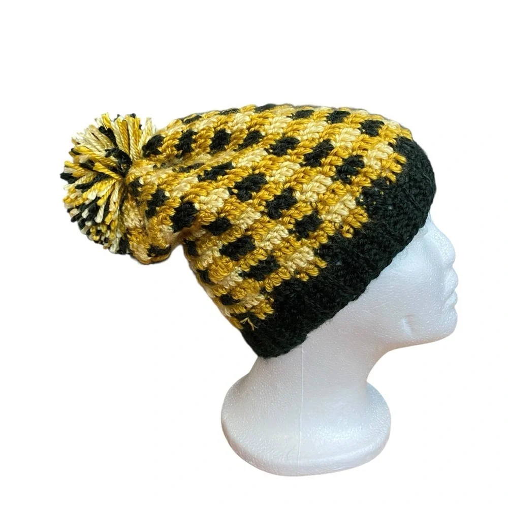 Handmade Gold, Tan, and Black Knit Beanie/Hat with Pom-Pom